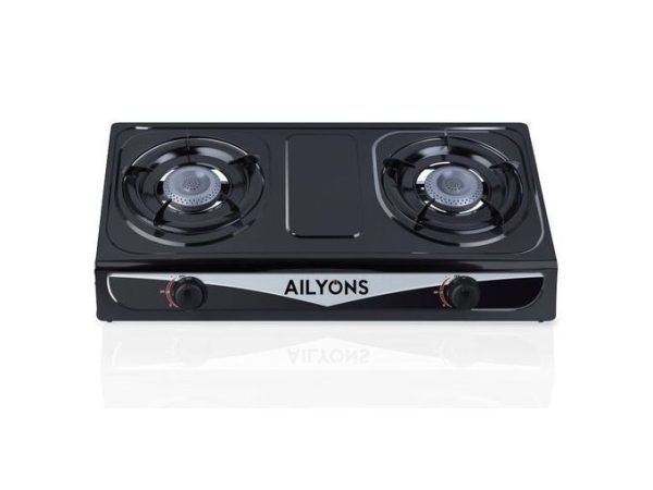 AILYONS GS013-2 Gas Cooker Stainless Steel Double Burner Black (1YR WRTY)