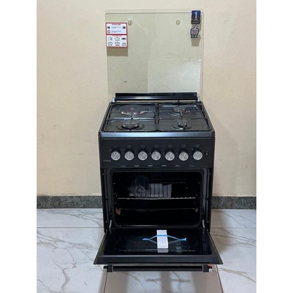 Mika Standing Cooker, 58cm x 58cm, 3 Gas Pool Jet Burners + 1 RAPID Hot Plate, Button Ignition, 3 Function Electric Oven, Matt Black WITH FREE PIPE AND REGULATOR AND CLIPS